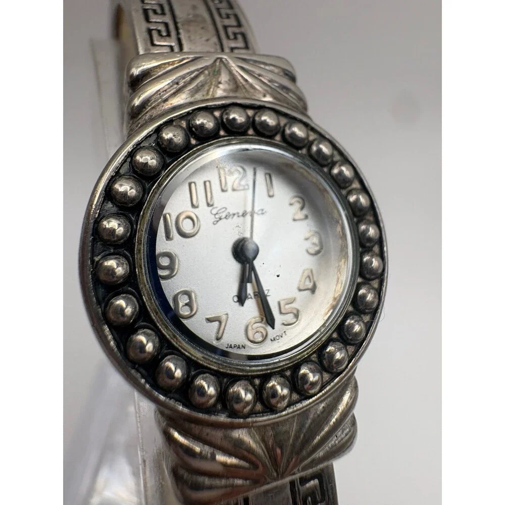 Geneva Cuff Bangle Watch No 6053 Silver Tone Greek Key Japan Movt